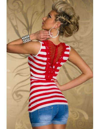 Fashion Red Pinstripes Club Top with Embroidered Lace